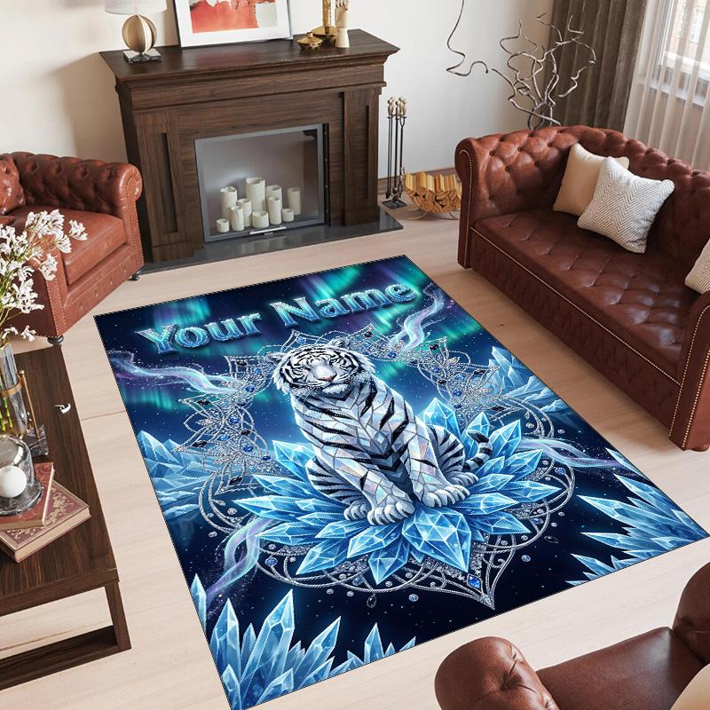Leopard Theme Crystal Velvet Floor Rug Personalized Custom Name Text Warm Carpet Home Decoration