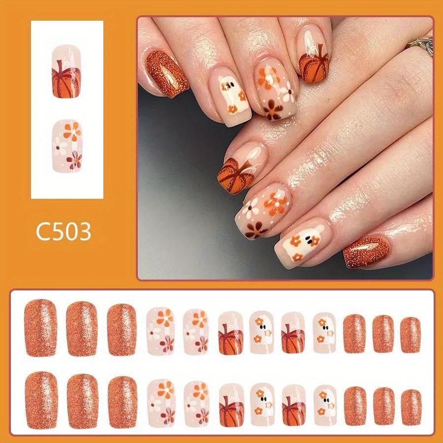 24pcs Cute Ghost&Pumpkin Halloween Press-On Nails-Glossy Short Square Fake Nails with Festive Designs False Nail for Women/Girls