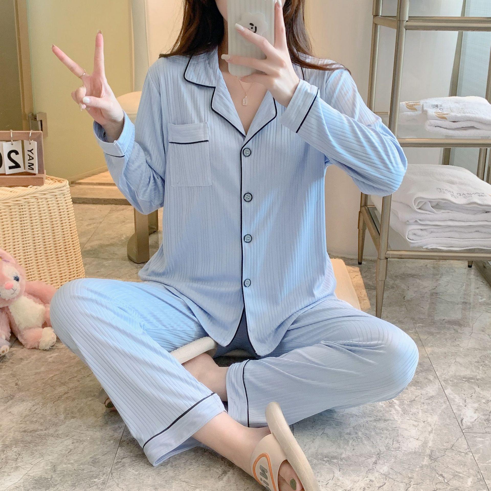 

Женский пижамный комплект с длинными рукавами в корейском стиле — молочный шелковый кардиган и брюки на весну и осень, доступны большие размеры.