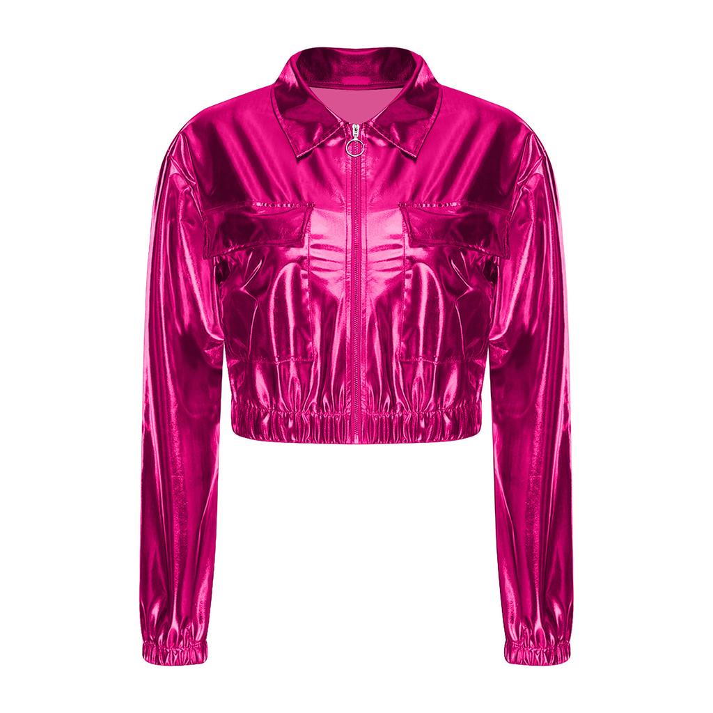 Womens Metallic Shiny Cropped Jacket Lapel Long Sleeve Front Zipper Biker Jacket