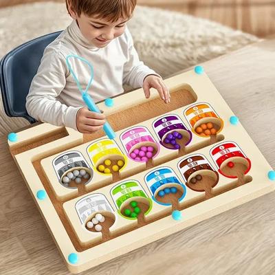 Montessori Magnetische Farbsortierspiele, Labyrinthbrett, Stift- und Perlenspiele mit beweglichen Holzsteuerungen, sensorisches Spielen, Lernspielzeug für Kinder