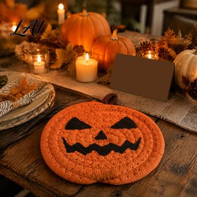 Halloween Coasters for Drinks Pumpkin Cotton Rope Coaster Handwoven Placemat with Funny Face Iron Cute Ghost Decor Home Craft Table Mat Mug