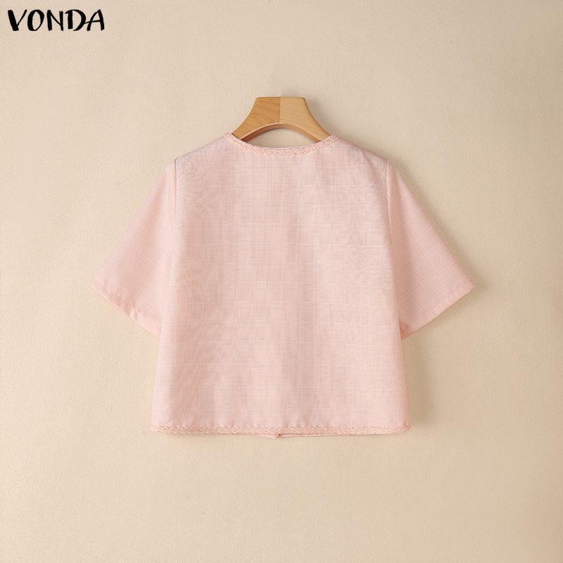 VONDA Elegant Women Short Sleeve Texture Hem Patchwork Buttons Casual Cropped Blouse Tops