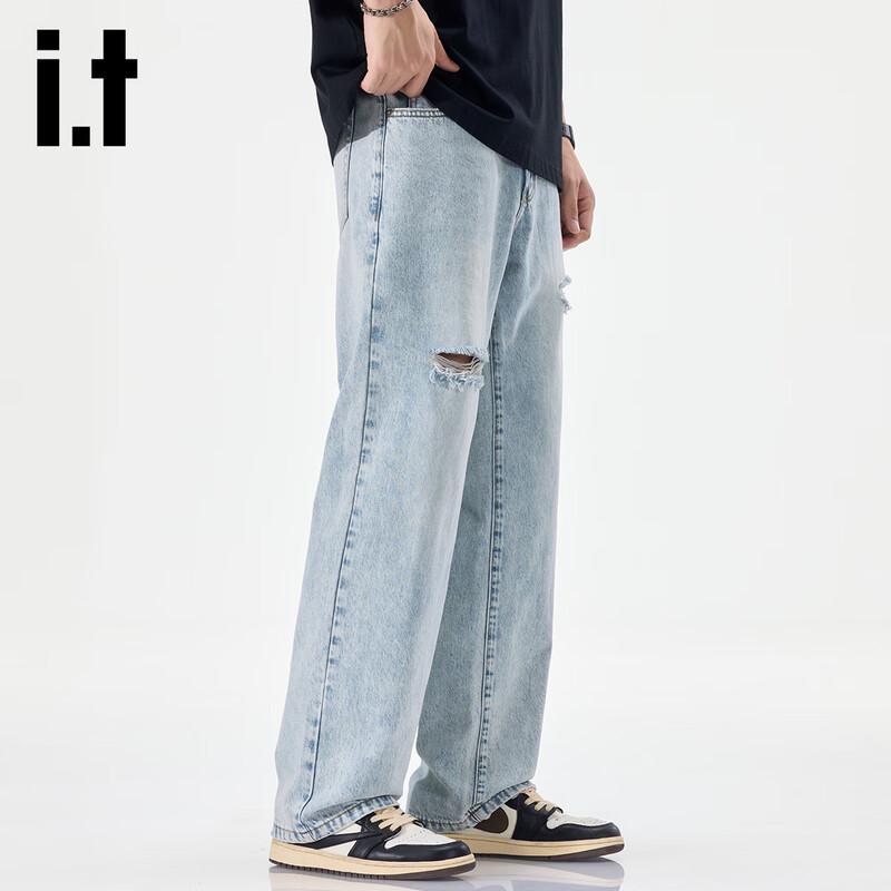 Izzue It Men's American Retro Ripped Loose Straight Jeans