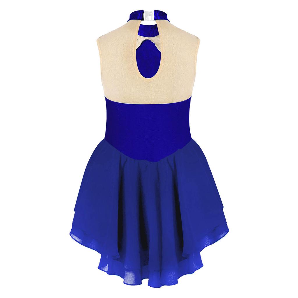 Girls Sleeveless Round Collar Shiny Rhinestone Sequins Floral Patchwork Skating Dance Dress