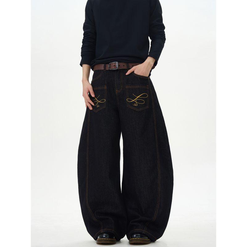 Kisko American Retro Style Reverse Pocket Embroidered Washed Scimitar Jeans Unisex Loose Straight Casual Pants