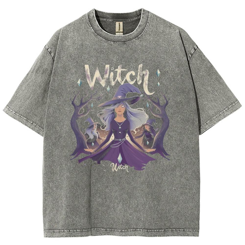 Distressed Harajuku Style Witch Print Women's T-Shirt Oversized Washed Short Sleeve Fabric Comfortable Unisex Tees