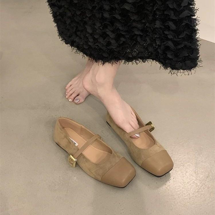 Square Head Shallow Mouth Single Shoes Women's Spring New Temperament Flat Bottom Mary Jane Shoes Women