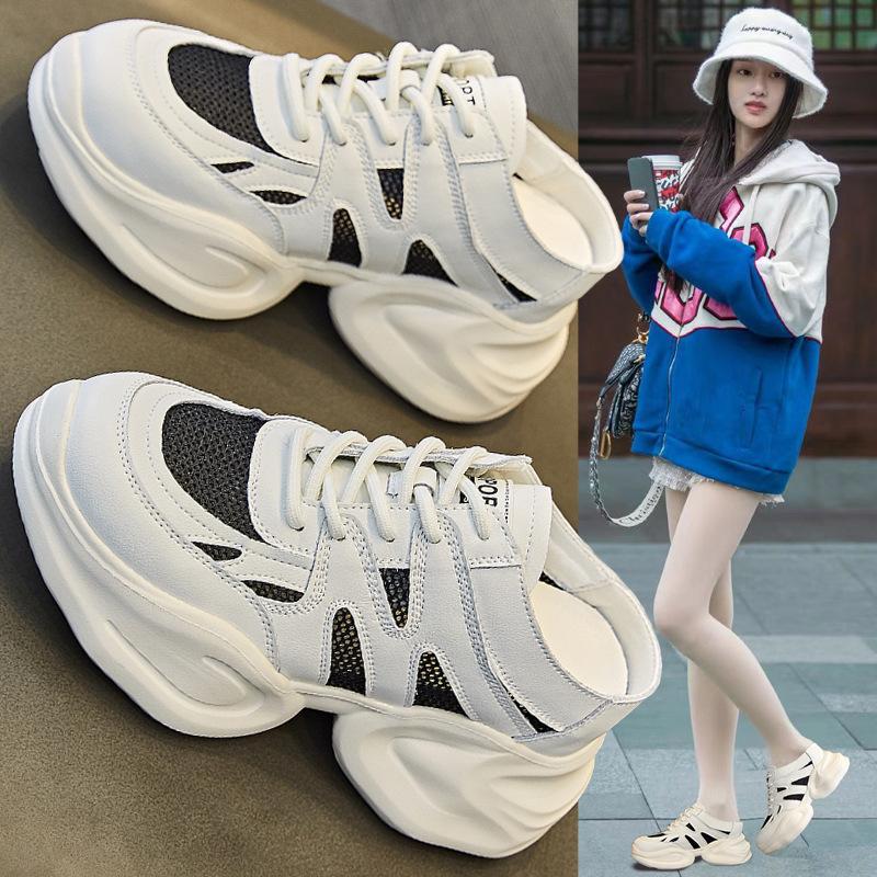 Leather thick-soled bag head slippers women's spring and summer new height increase 8CM comfortable versatile breathable sandals lace-up single shoe