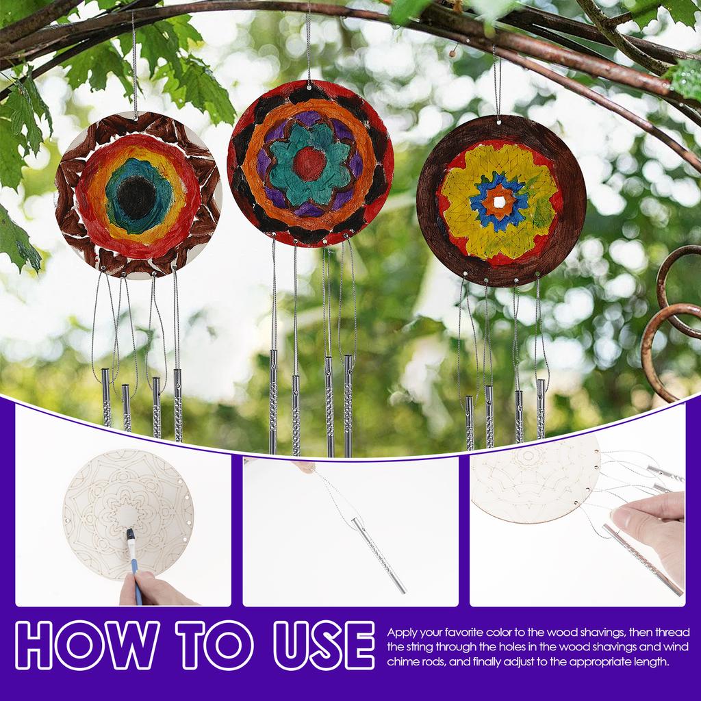 24Pcs Mandala Wind Chimes Craft DIY Unfinished Wood Windchime Creative Coloring Craft Hanging Ornament for Kids Home Birthday