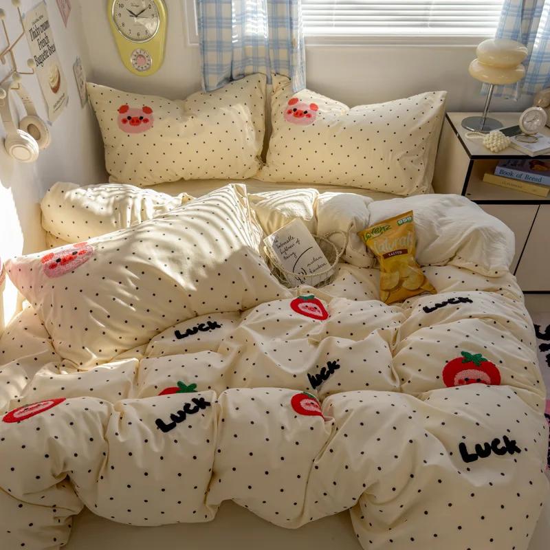 New Student Cartoon Washed Cotton Towel Embroidered Three or Four-piece Set Bed Sheet Quilt Cover Mattress Bedding