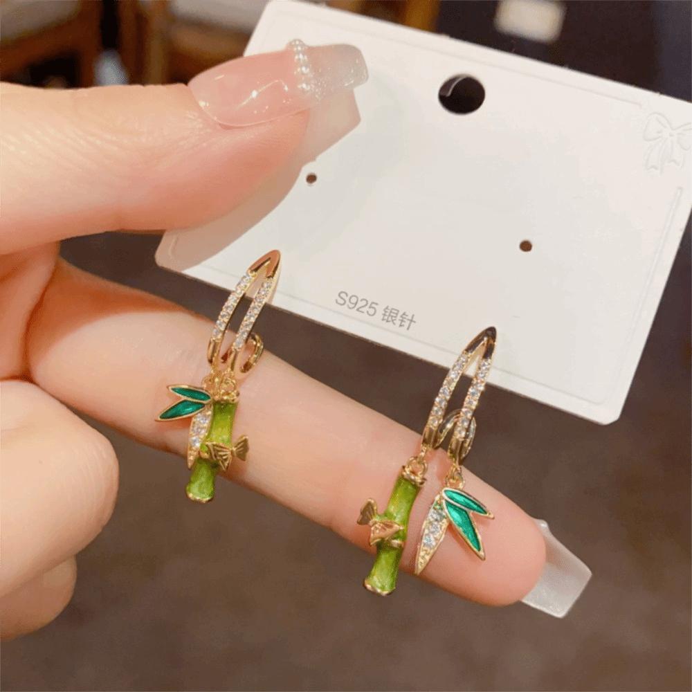 Light Luxury Women Earrings Chinese Stud Earrings Zircon Bamboo Earrings Jewelry Gifts