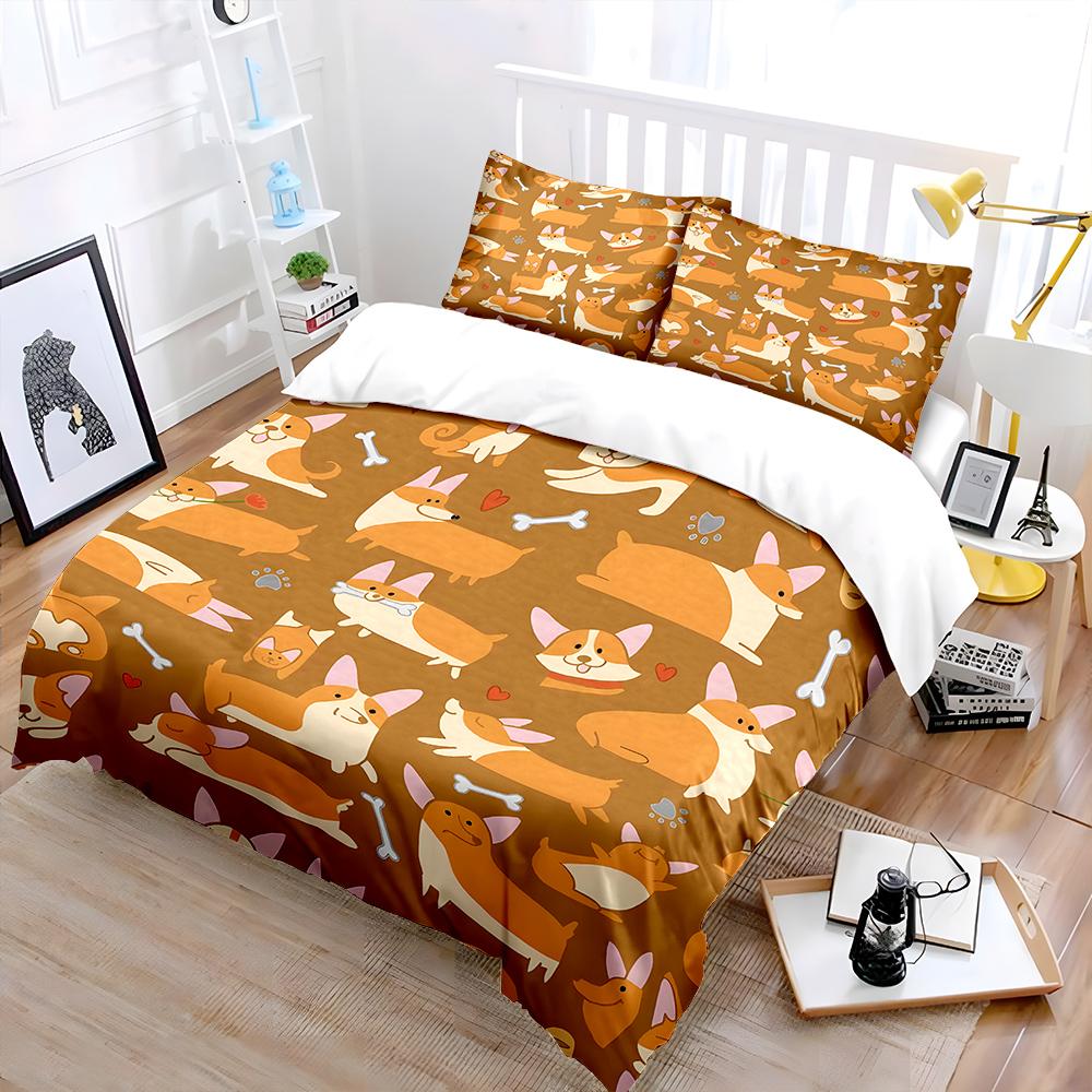 Cartoon corgi dog pattern Bedding Set for Kids Luxury Gift 3pcs Digital Print Comforter Set Soft Comfortable Breathable