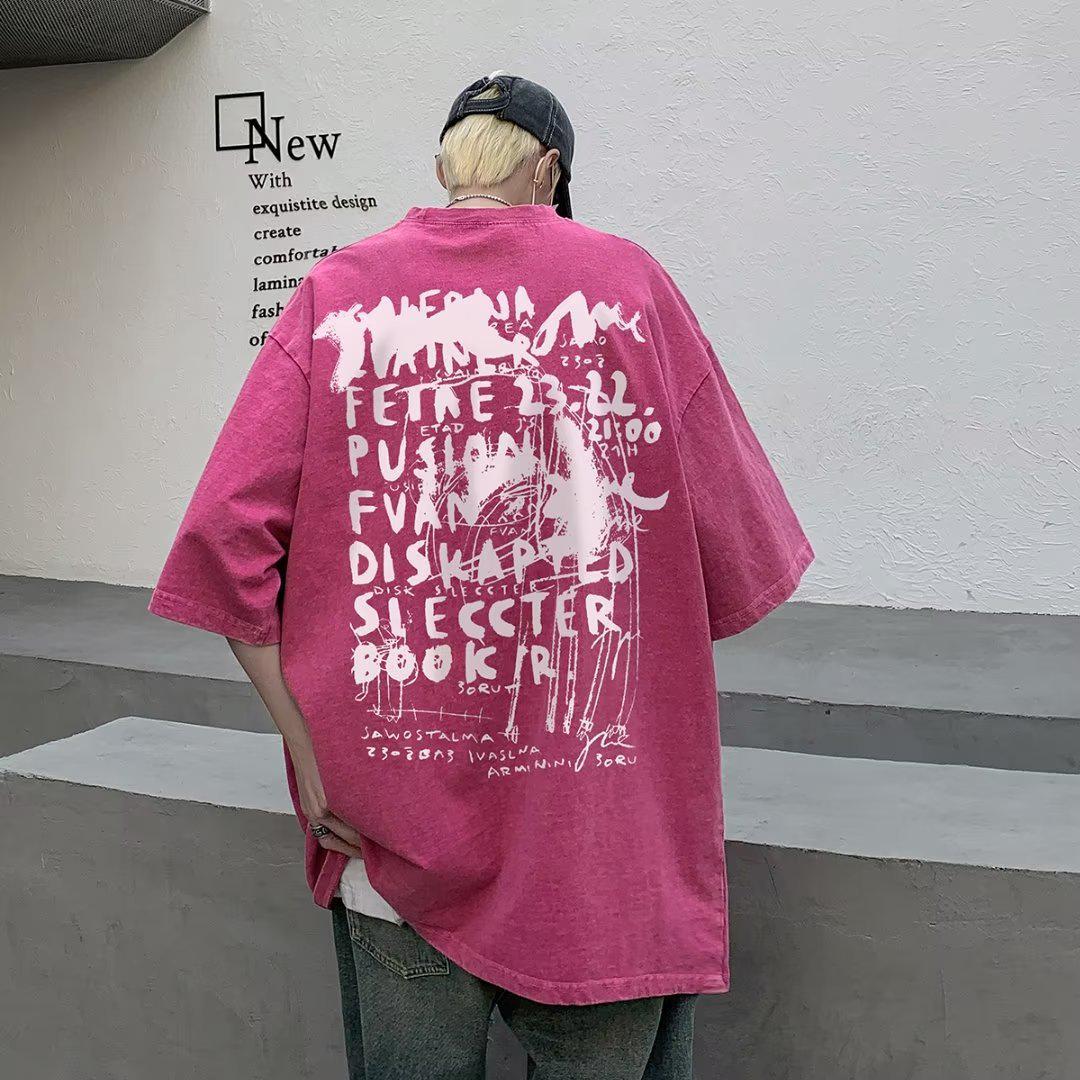 

Мужская футболка свободного покроя из хлопка в стиле ретро с фиолетовым эффектом - короткий рукав, модный уличный стиль 3XL розовый