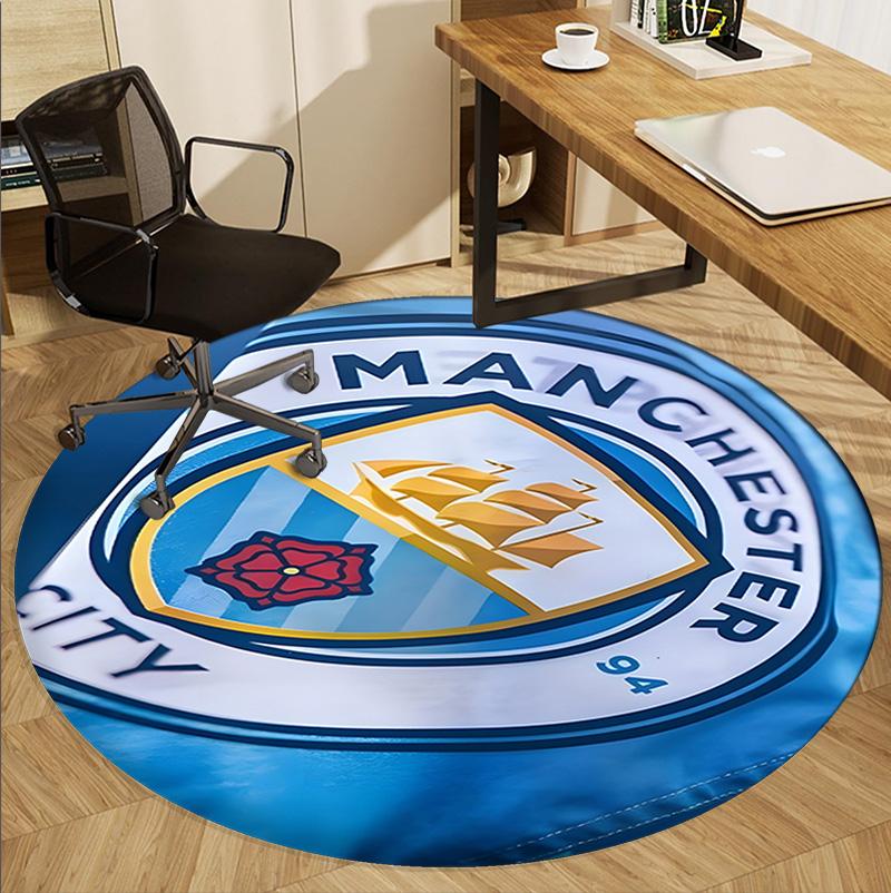 Manchester City FC Pattern Round Rug, Indoor/Outdoor Mat, for Picnic, Gameroom, Bedroom, Office, Living Room, Home Decor Carpet, Birthday Gift