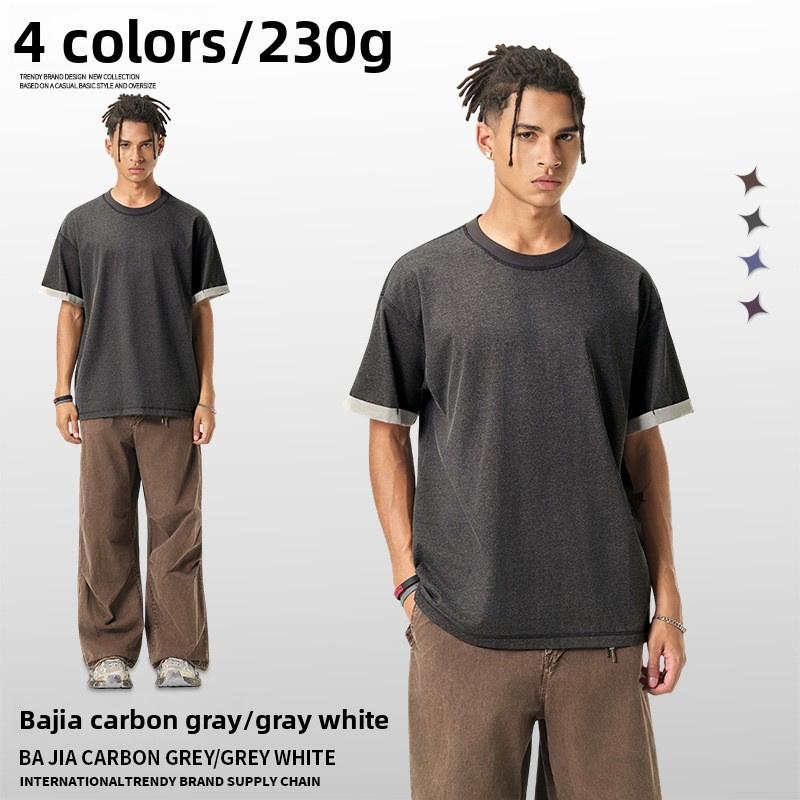 

New color-blocking casual summer men s t-shirt, round neck, loose fit, simple short-sleeve top S