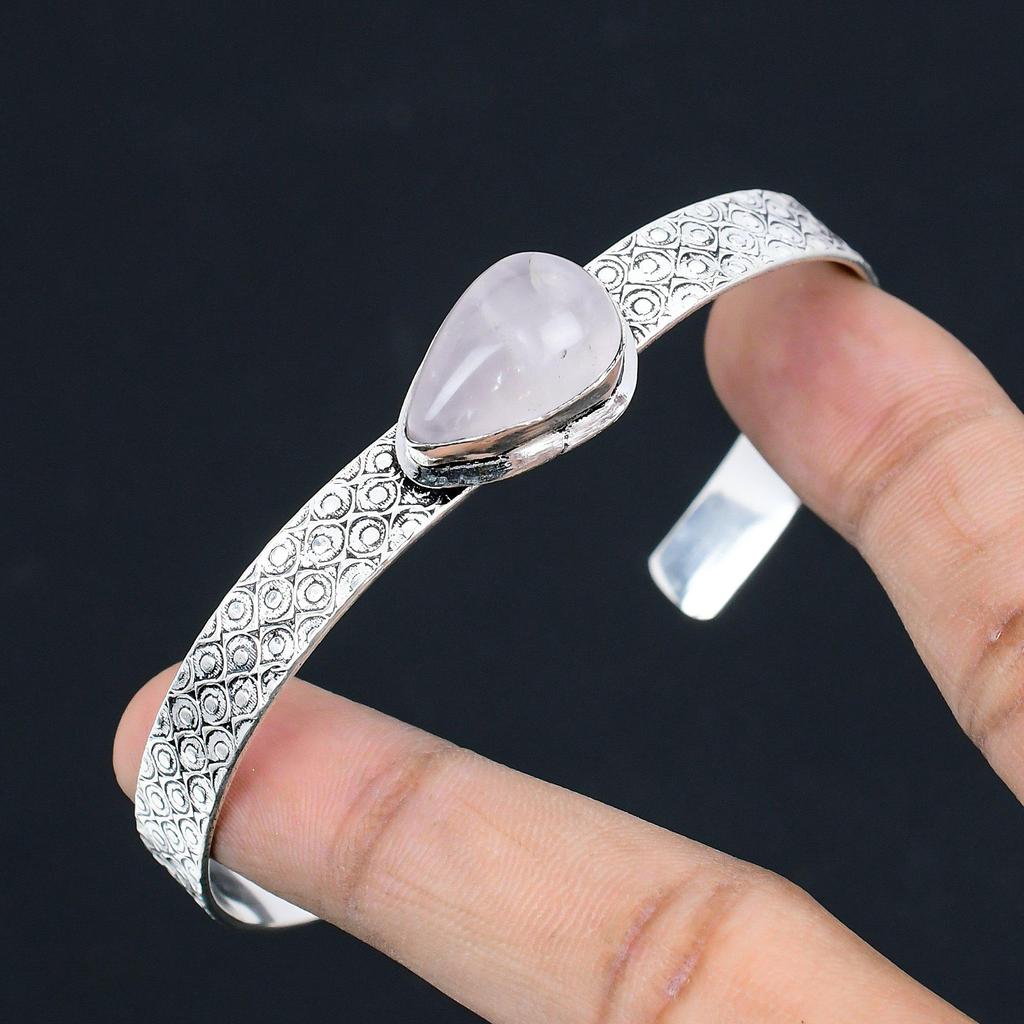 925 Silver Pear Rose Quartz Stone Mother Birthday Artisan Trendy Handmade Bangle