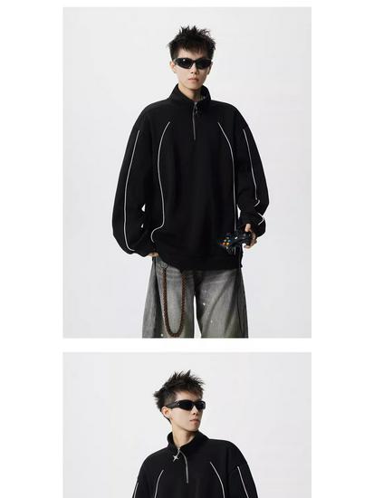 Men's 2025 Spring/Autumn Striped Color Block Half-Zip High-Neck Hoodie - Trendy Loose Heavyweight Top