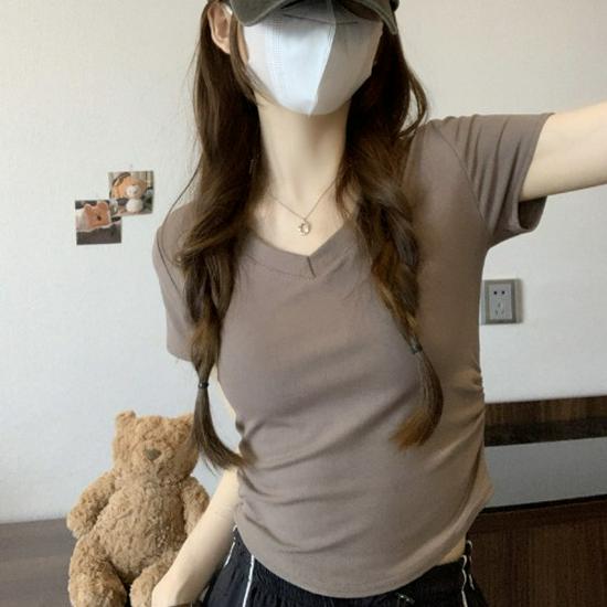 Women's Slim-Fit V-Neck Short-Sleeve Top - Elastic Waist, Round Hem, Solid Color for Summer