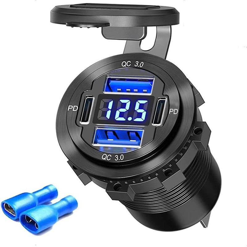 

4-портовое USB-зарядное устройство со светодиодным вольтметром, двойной PD и двойной адаптер быстрой зарядки QC3.0, водонепроницаемый для автомобиля, лодки и мотоцикла 12/24 В