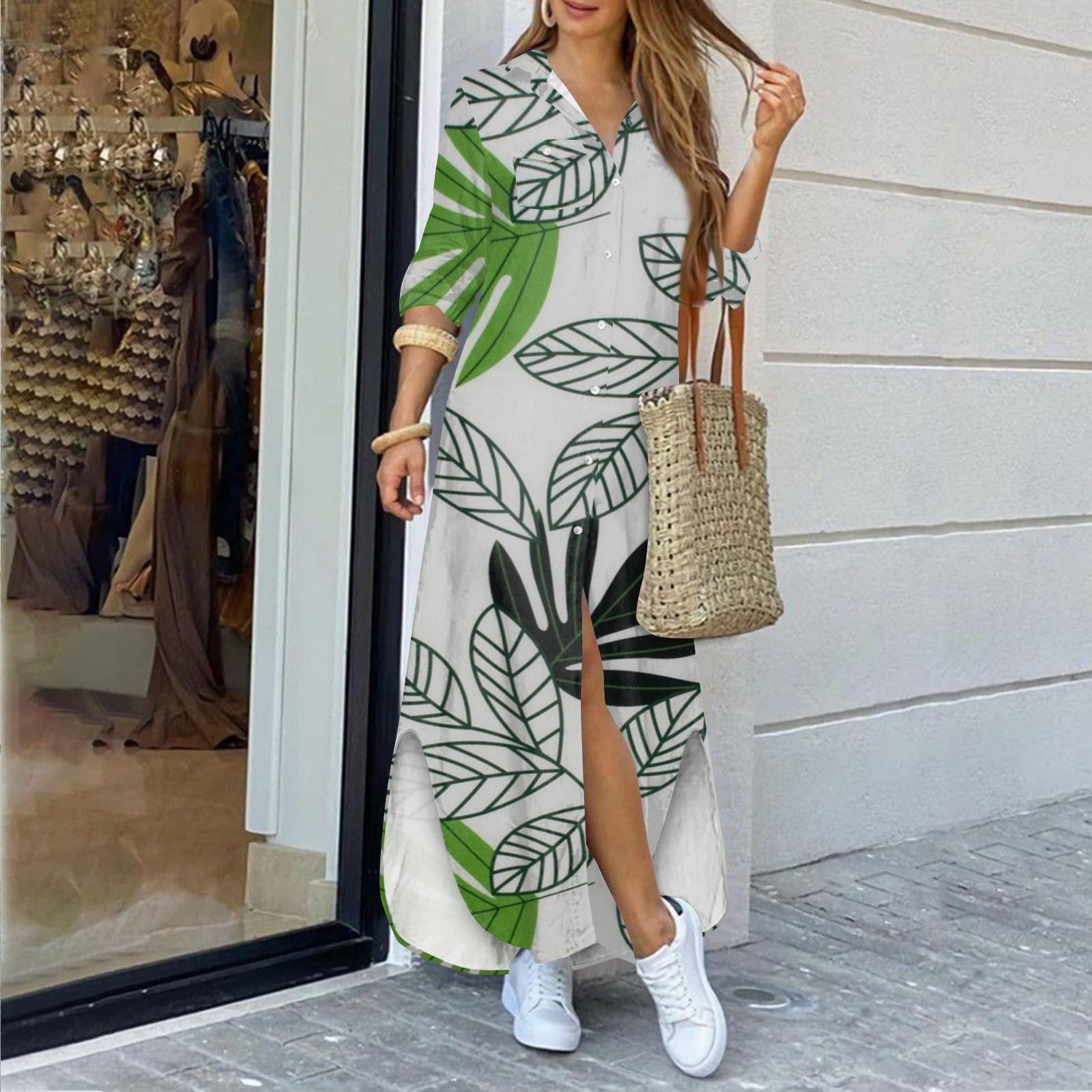 

Платья для женщин. Свободное платье макси с принтом. Повседневное платье-рубашка с длинным рукавом. S белый