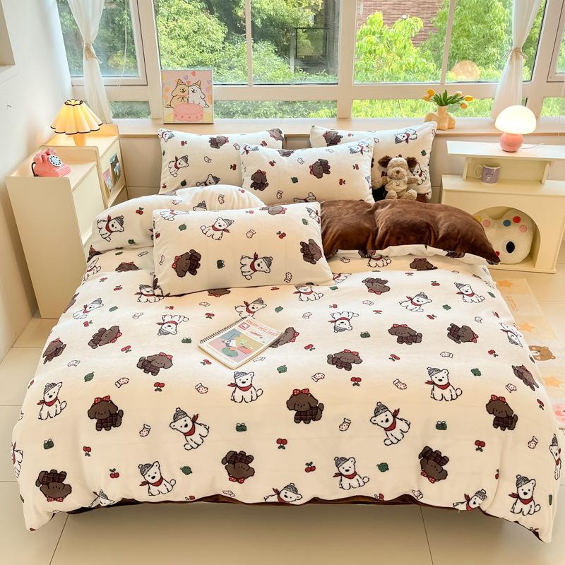 Milk Velvet Cute Printed Bed Sets Thick Autumn and Winter Plush Bedding Set for Single Queen Soft Keep Warm Duvet Cover Kit