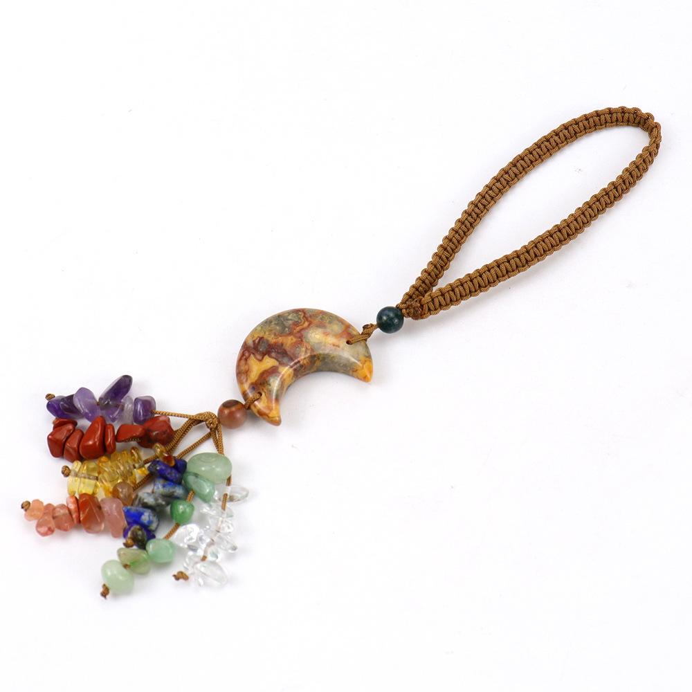 Handmade Woven Raw Crystal Moon Pendant Boho Multicolor Natural Stone Car Hanging Ornament Home Decor Gift for Her