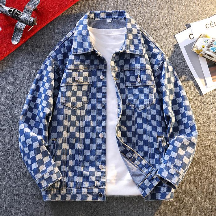 Men's Trendy Loose Plaid Print Denim Jacket Shirt - Douyin Bestseller