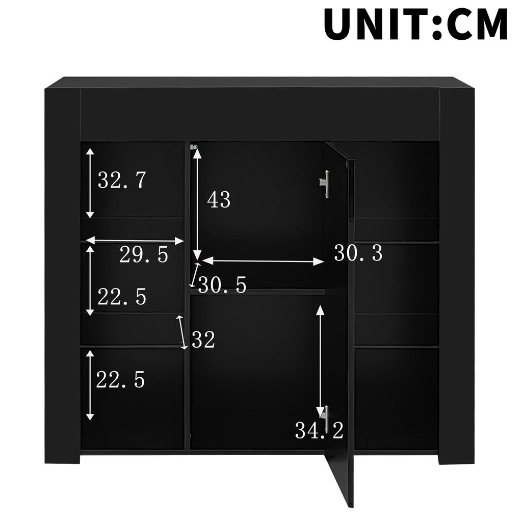 Modern Black Sideboard with High-Gloss Front – Storage with Glass Shelves and Cabinet Door for Living Room, Dining Room or Kitchen – 95x35x83 Cm