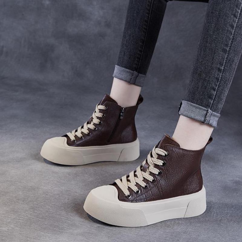 Fashion 5CM 2024 Spring Autumn Chunky Platform Ankle Boots Women Genuine Leather Lace-Up Zipper High Top Thick Sole Casual Board Shoes