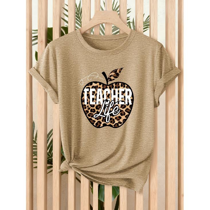 Leopard print Apple teacher life print for women T Shirt 2026 Spring and summer fashion short sleeves Casual loose-fitting slimming top for daily