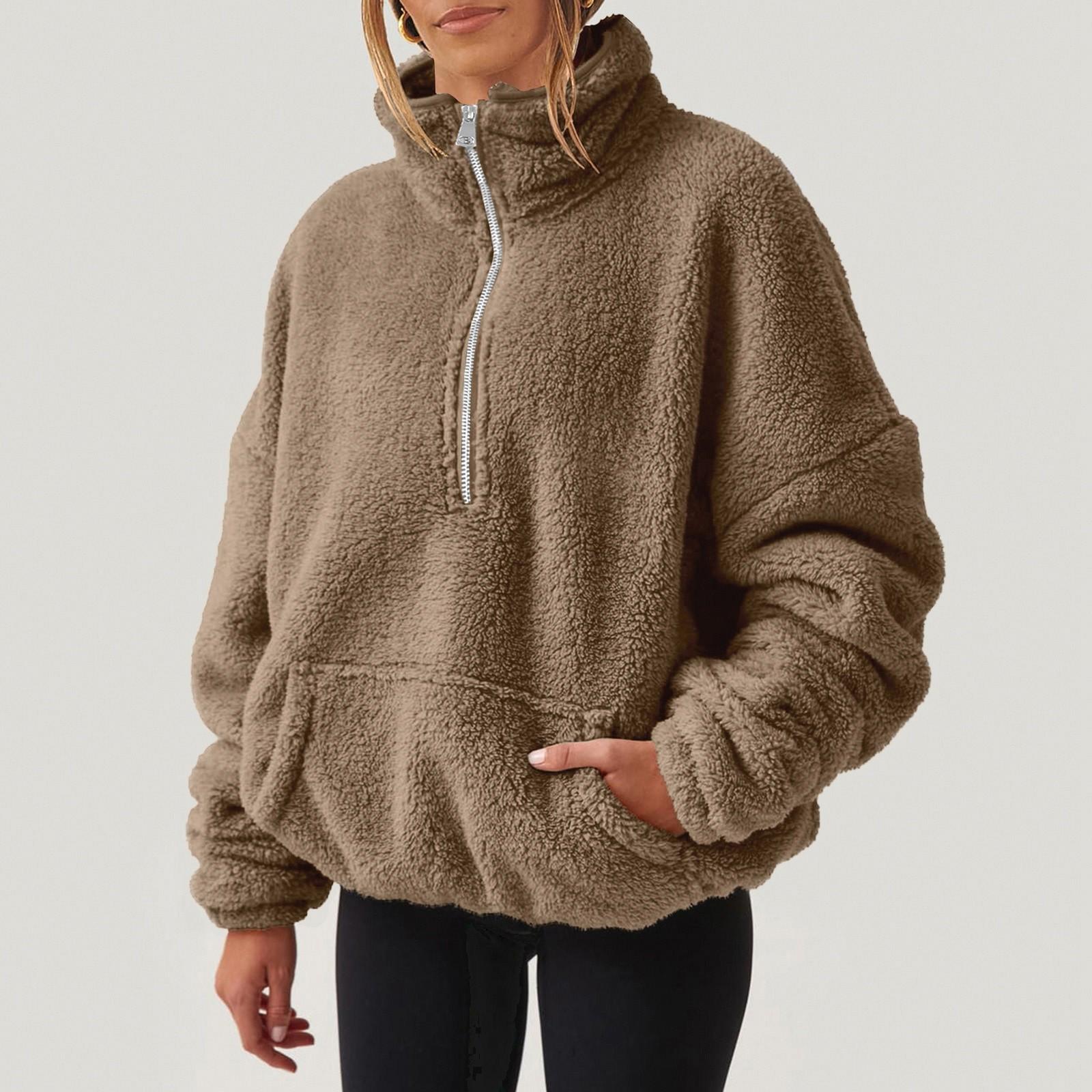 

Женская плюшевая толстовка, женская модная повседневная толстая толстая толстовка с капюшоном и молнией с длинными рукавами и карманами на шнурке L