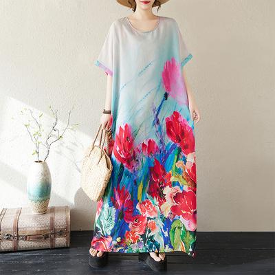 DIMANAF 2025 Sommer Damen Übergröße Kleid Strand Basic Freizeitkleid Locker Vintage Blumendruck Langes Kleid