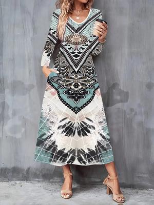 Vestido Casual de Moda para Mujer Otoño e Invierno 2025 Estampado de Tótem Retro 3D Vestidos de Manga Larga con Cuello en V de Línea A