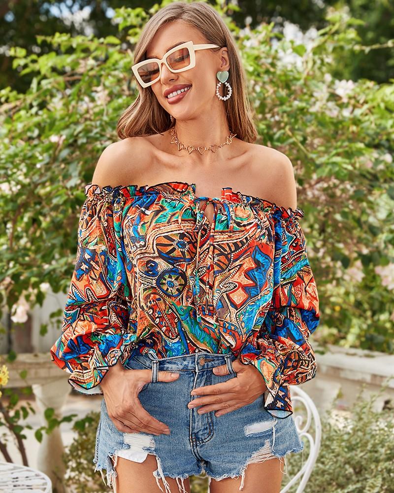 RUGOD Camicia Sexy Nuova a Spalle Scoperte con Maniche Lunghe e Ricami per Primavera Autunno
