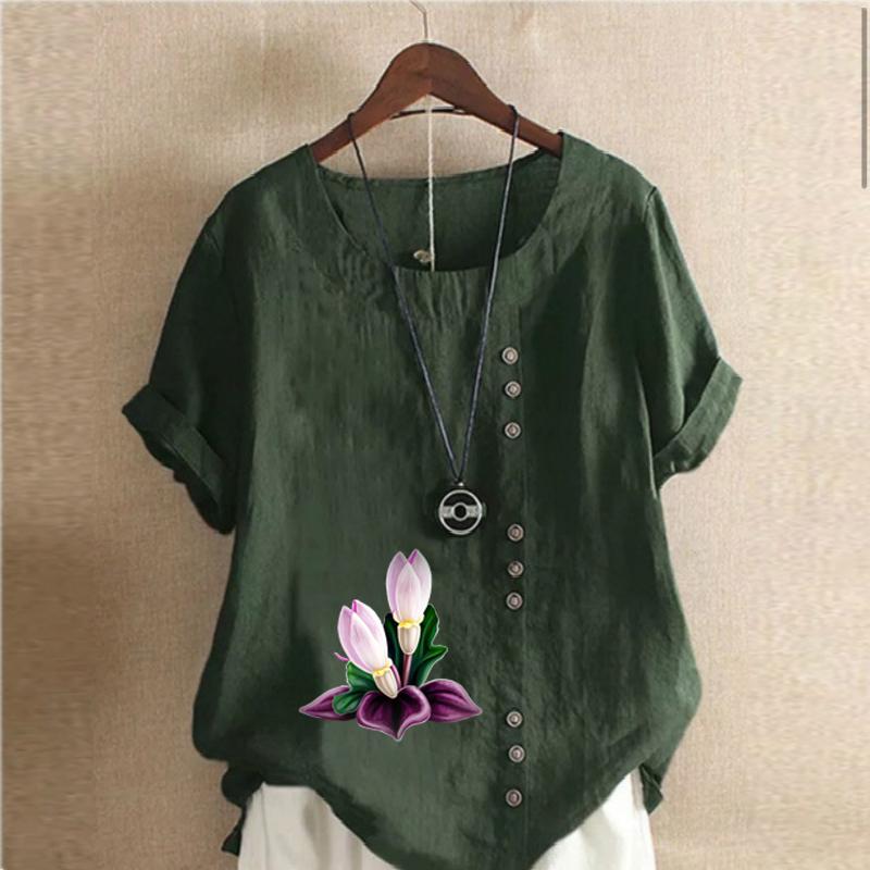 Women's Fashion Round Neck Short Sleeve T-shirt Casual Cotton Linen Graphic Shirt Leisure Loose Flowers Prined Summer Blouse Tops