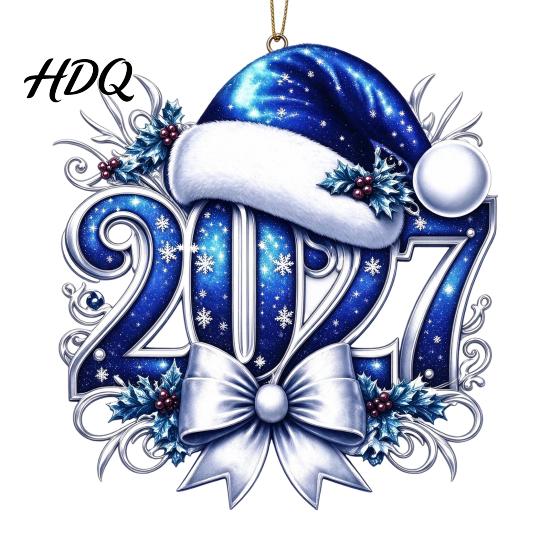 Новогодние принадлежности для вечеринки 2027 Украшение-шапка 2D Плоская акриловая подвесная декорация для праздничных украшений Новогоднее дерево Номер Санта Подвеска Легкая