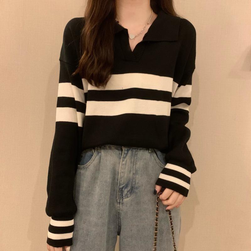 Polo collar black striped knitted sweater women's outer wear design sense chic high sense casual inside