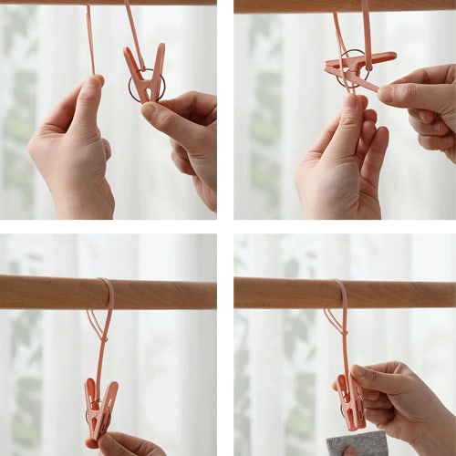 Set of 24 Clothespins In 7 Colors, with Cord, Non-Slip, Strong, for Pole Use, Futon Pegs, Plastic, for Indoor and Outdoor Drying, Non-Slip, Windproof,