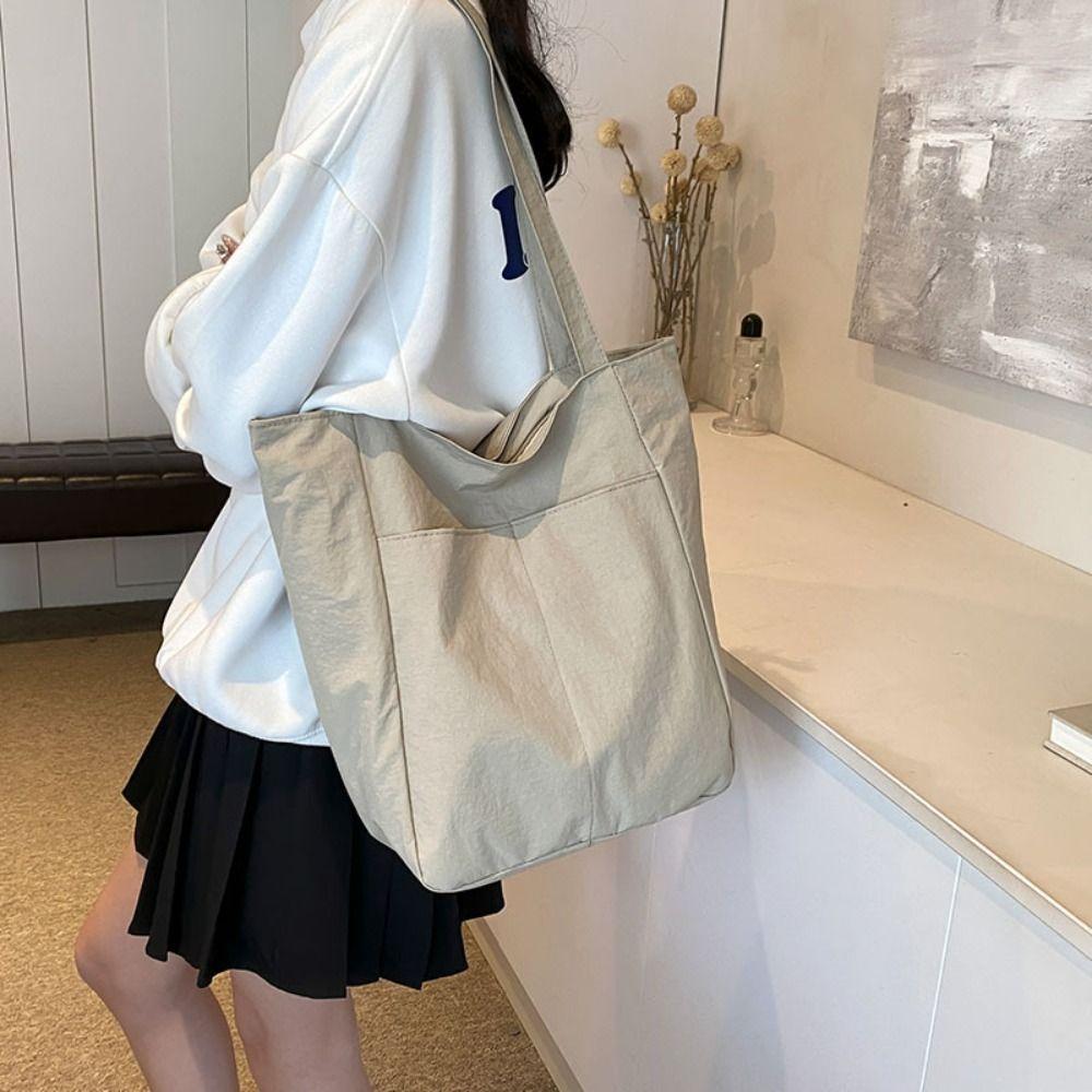 Solid Color Large Capacity Tote Bag Lightweight Zipper Commute Bag Single Shoulder Bag  Outdoor