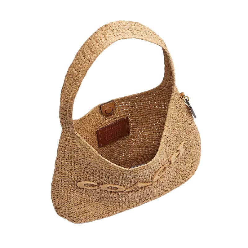 Coach Brooklyn 34 Magnetic Closure Straw And Calfskin Shoulder Bag Large Women Shoulder Bag Light-Brown CDZ38-B4NA