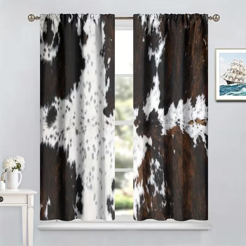 2pcs Cowhide Patterned Curtains, Design for Living Room Bedroom Home Window Decoration, Rod Pocket Curtains