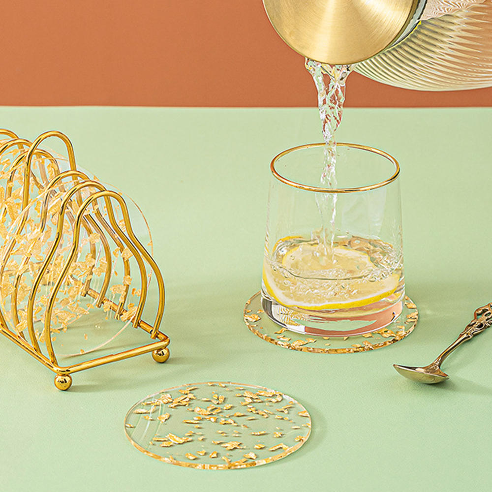 Round/Hexagonal Acrylic Coasters Clear Gold Foil Tableware Coffee Coasters