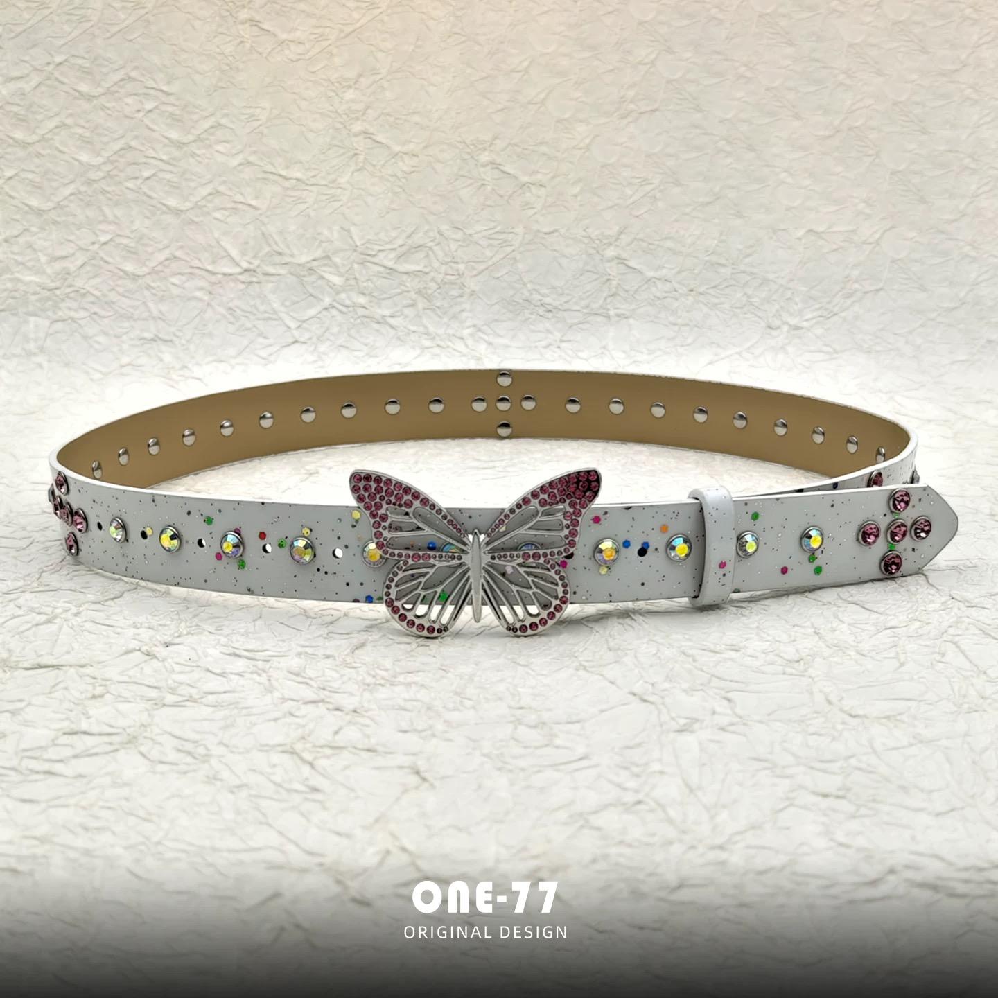 

Butterfly Buckle Rhinestone Colorful Shiny White Pink PU Leather Belts For Women Fashion Y2K Waist Belt Ceinture Femme 110cm белый