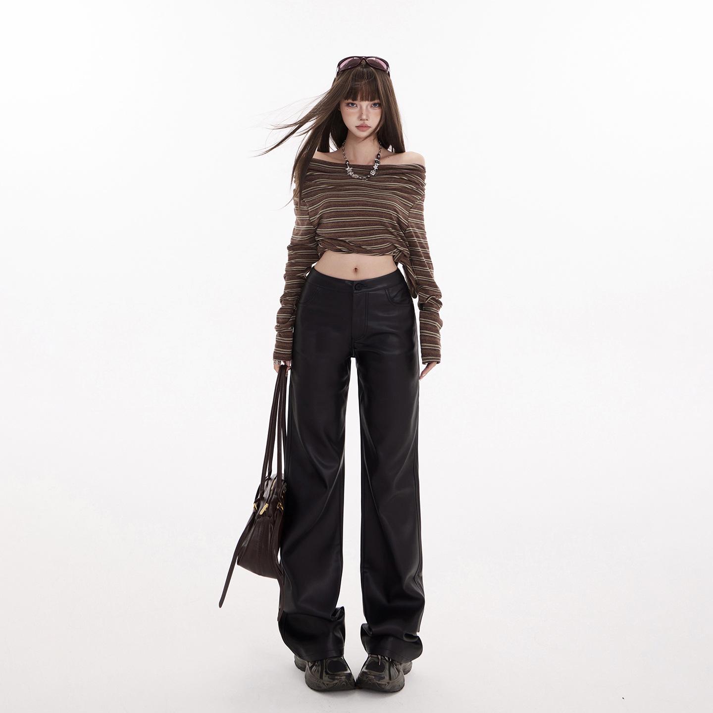 

American Retro High-Waisted Black Leather Pants for Women - Slimming, Flattering, Versatile, Floor-Length, Autumn-Winter Casual Wear M