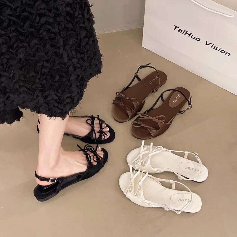 2025 Ladies Shoes Shallow Women's Sandals Summer Casual Butterfly-knot Plus Size New Open Toe Buckle Strap Flat Sandals