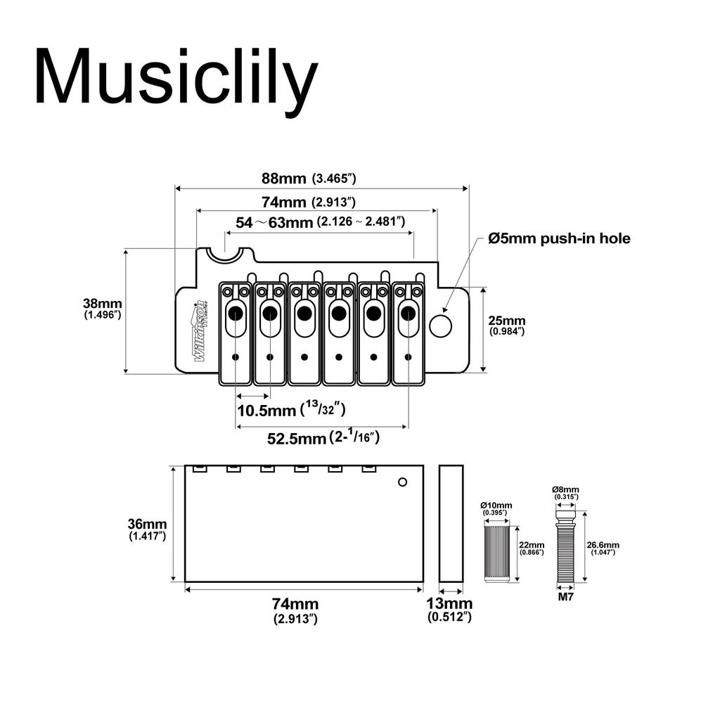 Wilkinson Individual Saddle Full Block ST Guitar Tremolo Unit Bridge for Fender Strat with 2 Gold 10.5mm Squier/Mexican Pop-In Arm, Pieces,