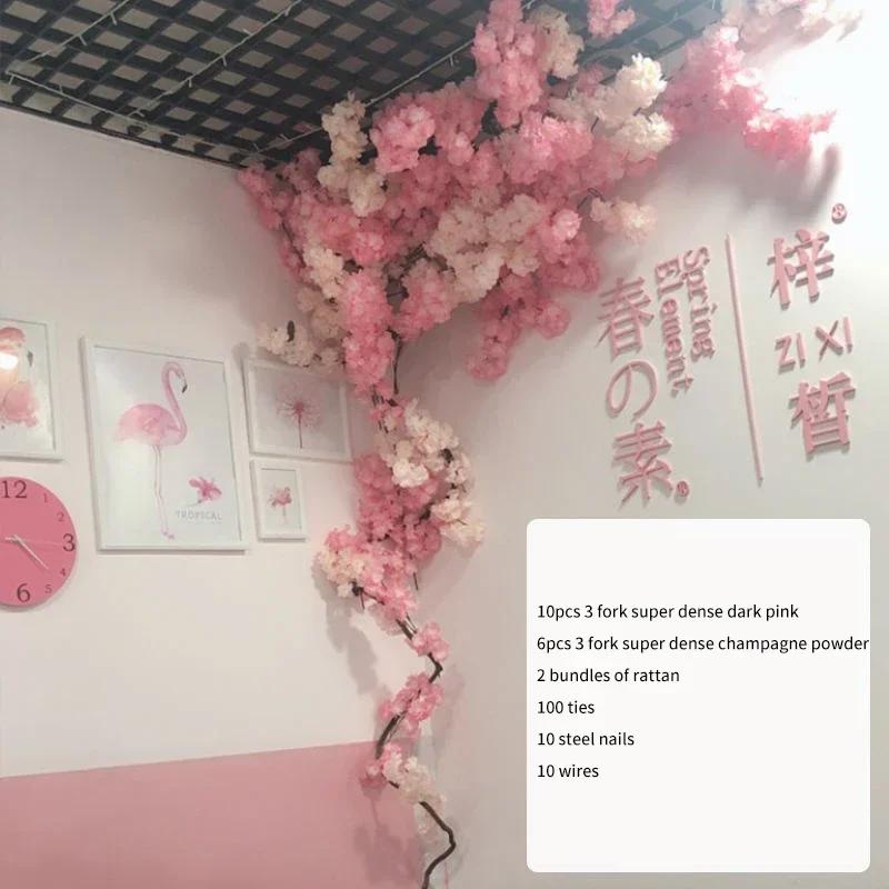 Artificial Cherry Tree Rattan Flower, Silk Wedding Background, Wall Decoration Flower, Home Decoration