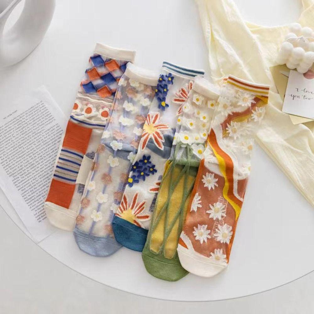 5Pairs Ins Style Transparent Flower Socks Glass Silk Sweet Socks Women Tulle Mid Tube Socks  Lady