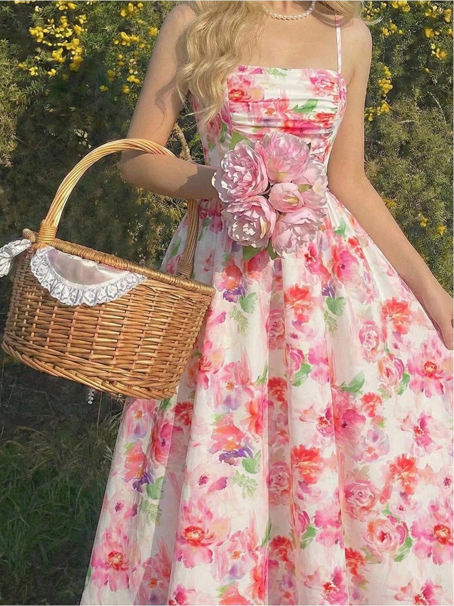 Romantic summer new European and American style French fashion sweet printed strapless dress with pleats and pleats summer vibe S